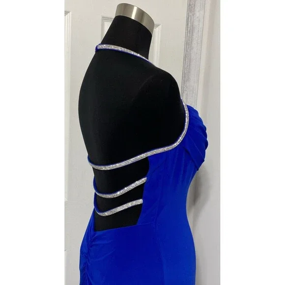 Morgan Co Y2k 90s Prom HOCO Gown Dress Blue Halter Strappy Cage Back Rhinestone - Picture 6 of 10